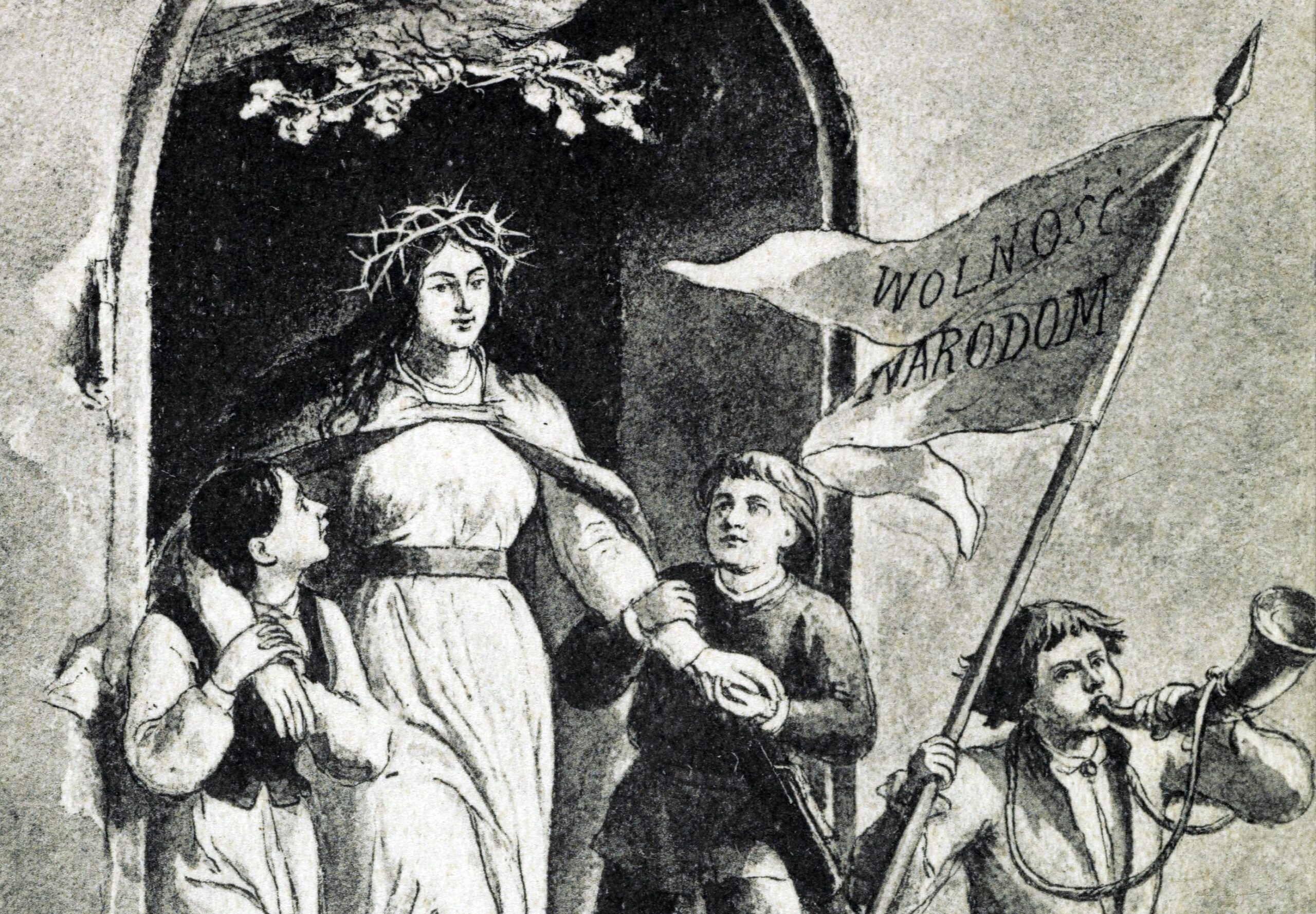 Czarno-biała grafika. Kobieta w koronie cierniowej i trzech chłopców niosą sztandar z napisem wolność narodom.